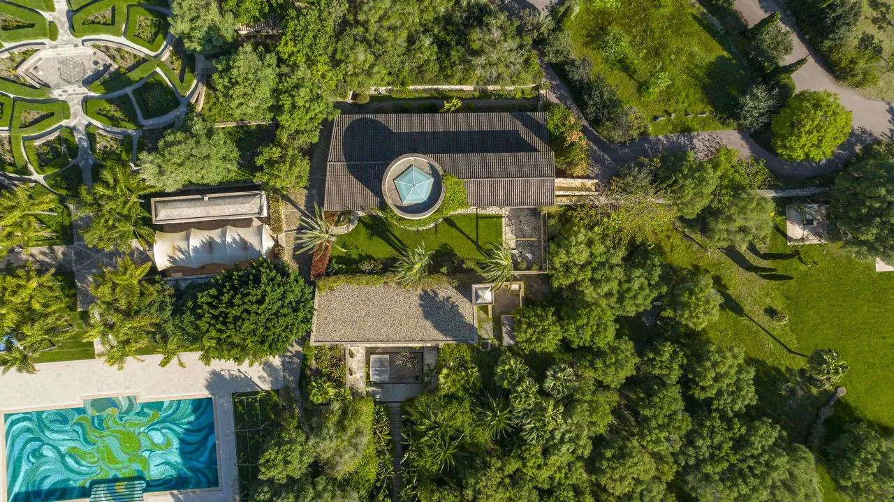 Aerial close-up of the indoor pool dome