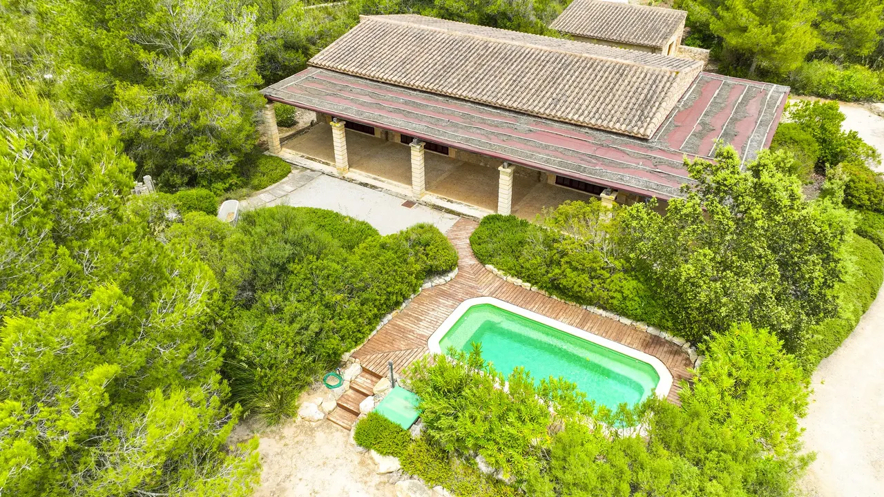 Aerial of a lodge with private pool
