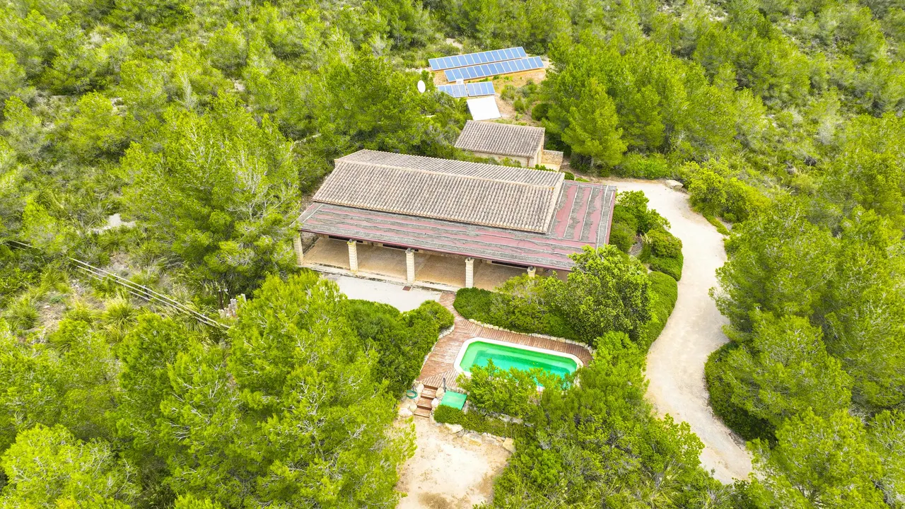 Aerial of a lodge with private pool