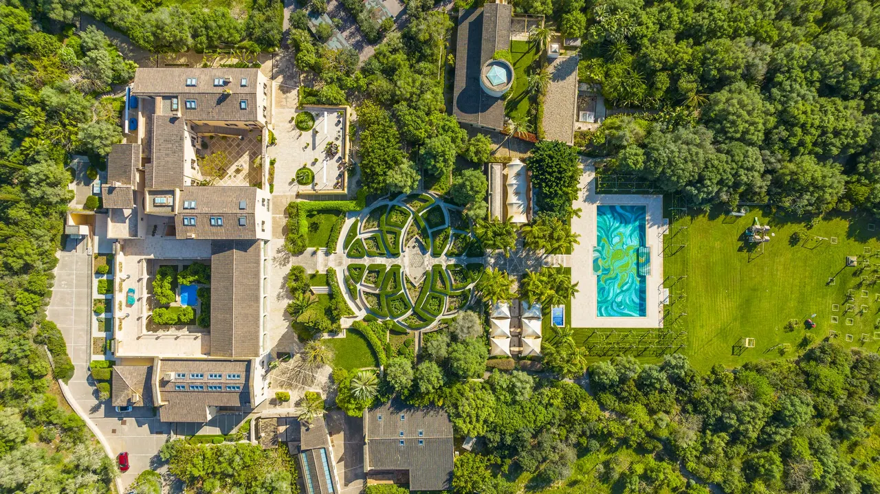 Aerial close-up of pools and gardens